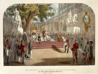 Invigningen av drottning Victoria av Industrial Palace i Hyde Park, 1 maj 1851, pub. av W. Ward (tryck)